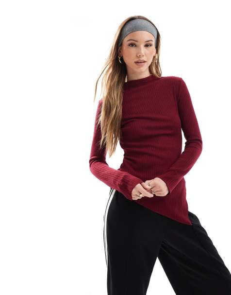 Stradivarius asymmetric knitted top in burgundy - view 1