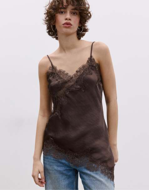 Stradivarius Asymmetric lace camisole top in brown - view 1
