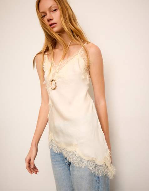 Stradivarius Asymmetric lace camisole top in ecru - view 1