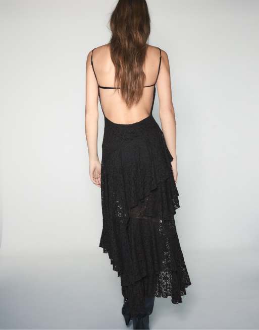 Stradivarius Asymmetric lace midi dress in black, 3 of 6