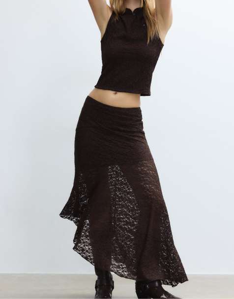 Stradivarius Asymmetric lace midi skirt in brown - view 1
