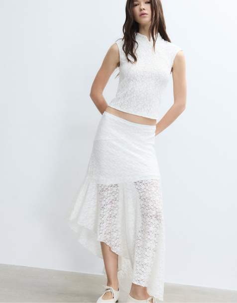 Stradivarius Asymmetric lace midi skirt in ecru - view 1