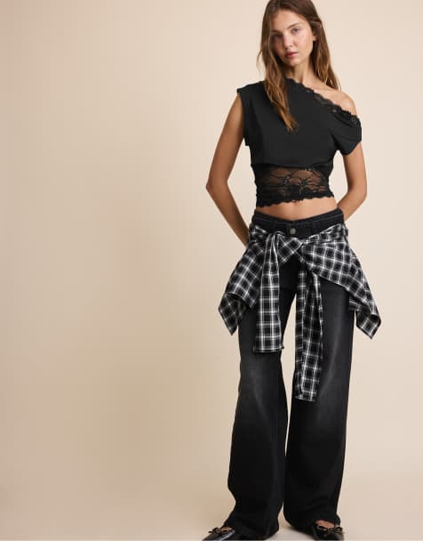Stradivarius Asymmetric lace t-shirt in black - view 1
