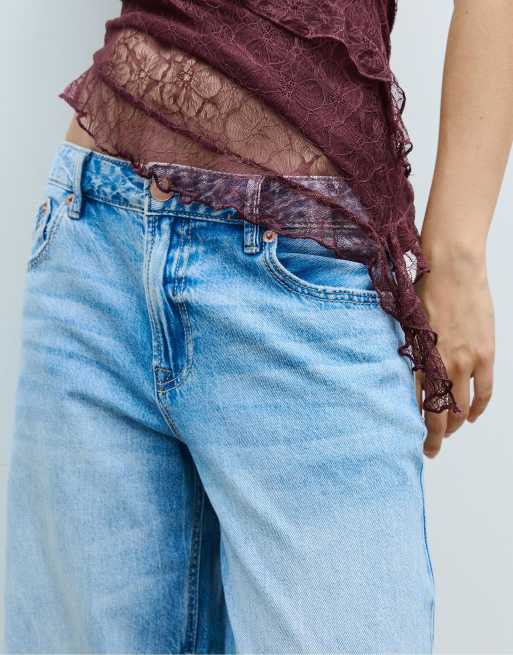 Stradivarius Asymmetric lace top with ruffles in purple, 4 of 4