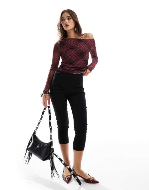 Stradivarius asymmetric long sleeve top in burgundy check