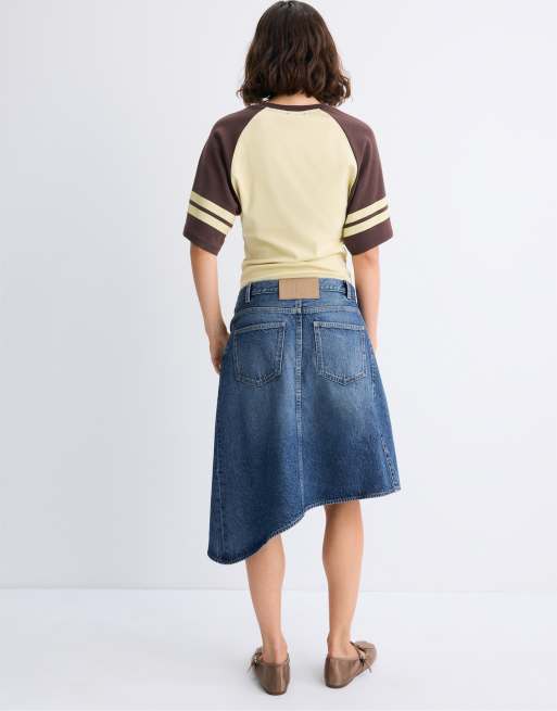 Stradivarius Asymmetric midi skirt in medium blue denim, 3 of 7