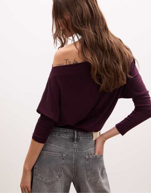 Stradivarius Asymmetric modal t-shirt in purple, 2 of 4