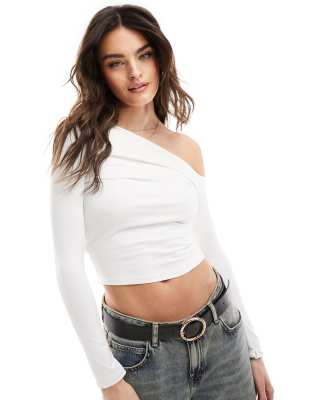 Stradivarius Asymmetric Linen Look Tailored Top In White In White