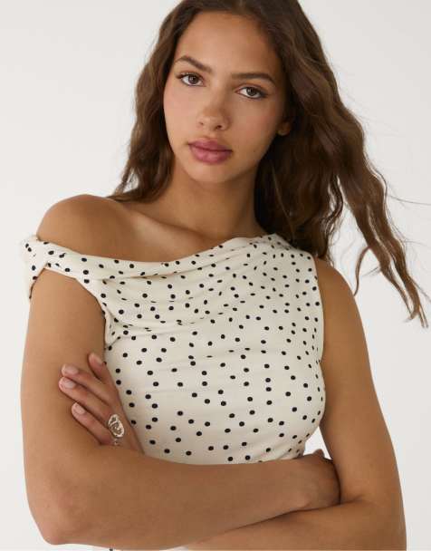 Stradivarius asymmetric polka dot top in light grey - view 1