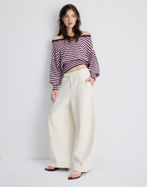Stradivarius Asymmetric ribbed hem knit sweater in aubergine - view 1