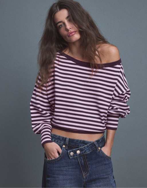 Stradivarius Asymmetric ribbed hem knit sweater in aubergine, 2 of 7