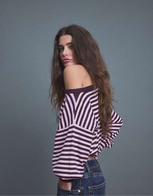 Stradivarius Asymmetric ribbed hem knit sweater in aubergine, 3 of 7