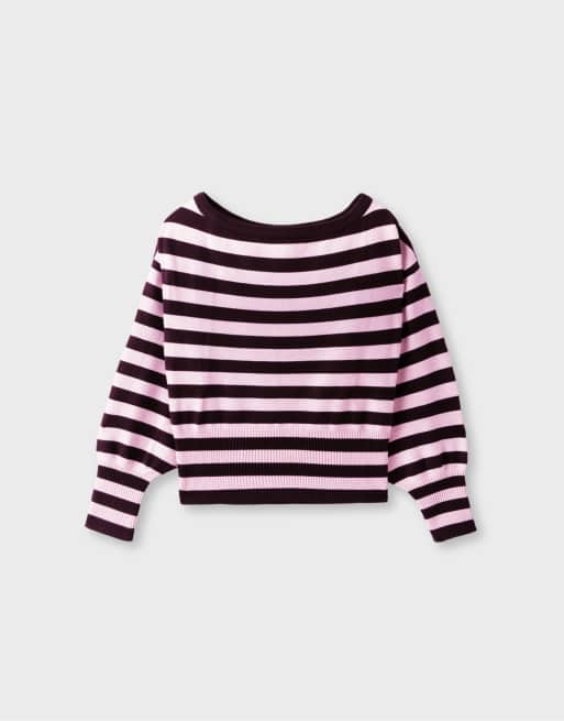 Stradivarius Asymmetric ribbed hem knit sweater in aubergine, 6 of 7