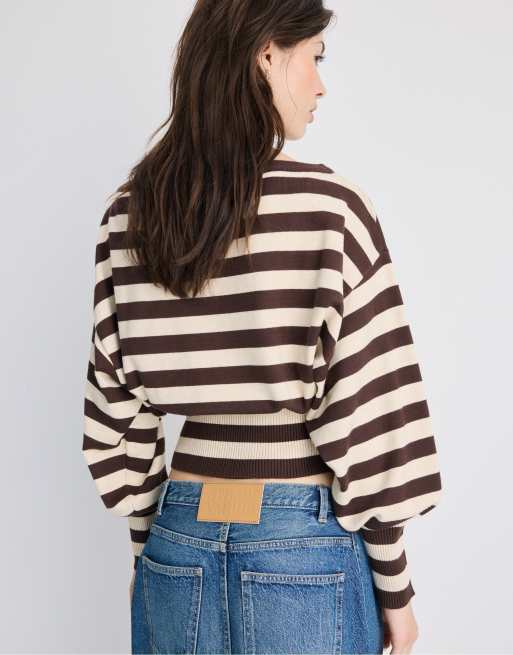 Stradivarius Asymmetric ribbed hem knit sweater in brown, 3 of 7