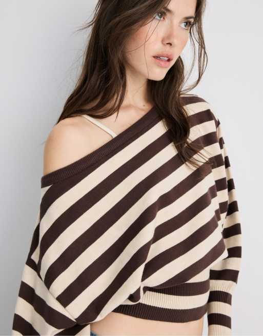 Stradivarius Asymmetric ribbed hem knit sweater in brown, 5 of 7