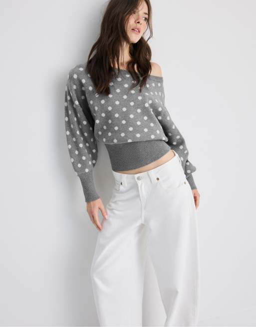 Stradivarius Asymmetric ribbed hem knit sweater in dark grey, 2 of 7