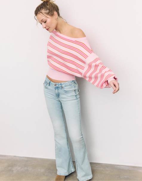 Stradivarius Asymmetric ribbed hem knit sweater in pastel pink