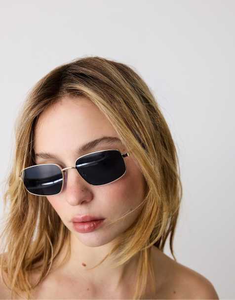 Stradivarius Asymmetric square metal sunglasses in blue - view 1