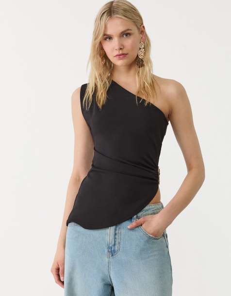 Stradivarius asymmetric top with buckle detail in black - view 1