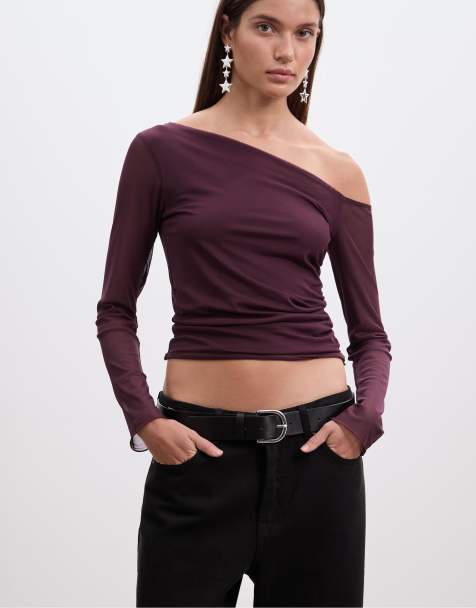 Stradivarius Asymmetric tulle top in aubergine - view 1