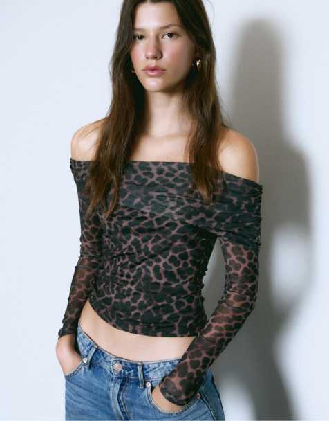 Stradivarius Asymmetric tulle top in beige - view 1