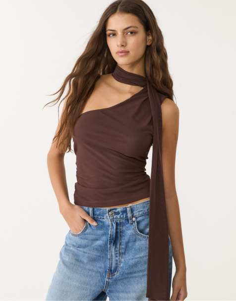 Stradivarius asymmetric tulle top with scarf in brown - view 1