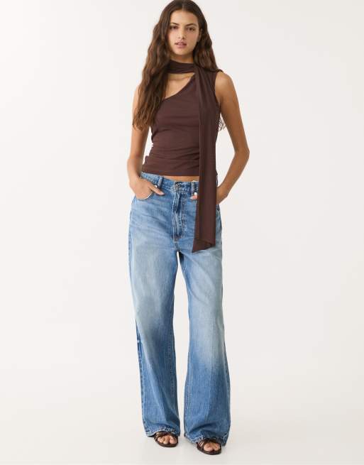 Stradivarius asymmetric tulle top with scarf in brown | ASOS