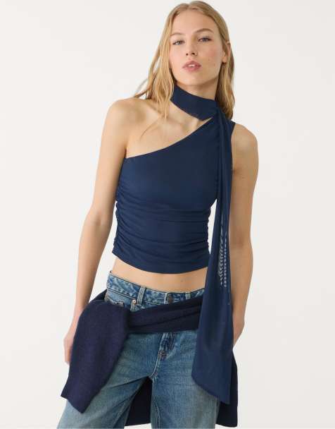 Stradivarius asymmetric tulle top with scarf in dark blue - view 1