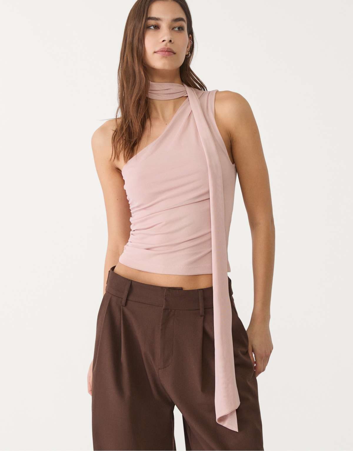 Stradivarius asymmetric tulle top with scarf in dusty rose