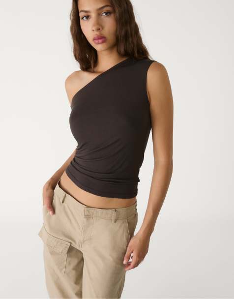 Stradivarius asymmetrical neck top in brown - view 1