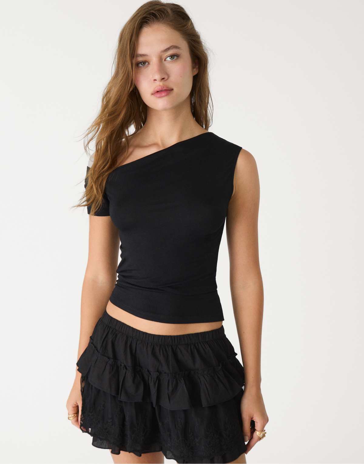 Stradivarius asymmetrical neckline top in black