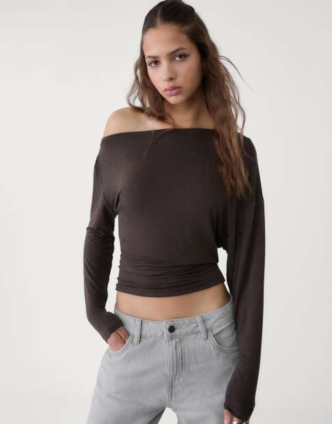 Stradivarius asymmetrical neckline top in brown