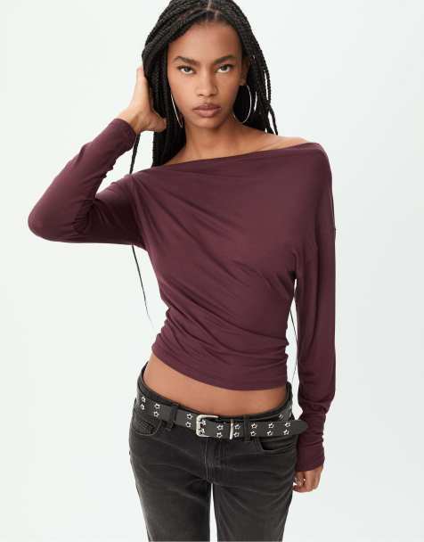Stradivarius Asymmetrical neckline top in burgundy - view 1