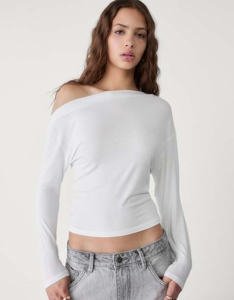 Stradivarius asymmetrical neckline top in ecru - view 1