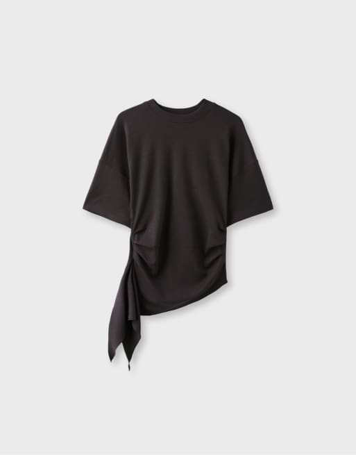 Stradivarius asymmetrisch T-shirt met korte mouwen in bruin, 6 van 7