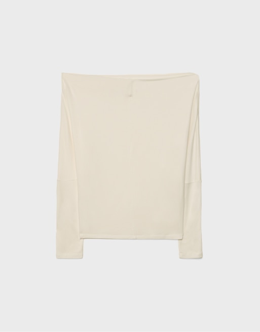Stradivarius - Asymmetrisch T-shirt van modal in ecru, 7 van 7