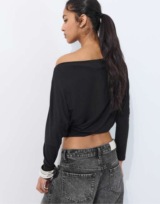 Stradivarius - Asymmetrisch T-shirt van modal in zwart, 3 van 7