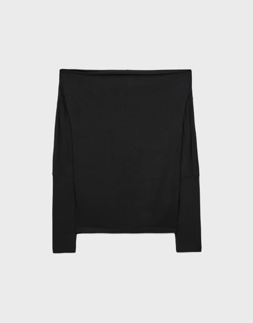 Stradivarius - Asymmetrisch T-shirt van modal in zwart, 6 van 7