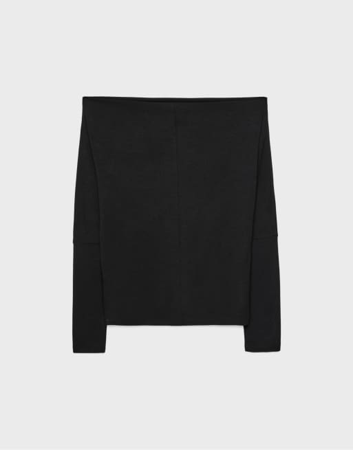 Stradivarius - Asymmetrisch T-shirt van modal in zwart, 7 van 7