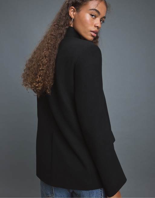 Stradivarius asymmetrische blazer van wolmix in zwart, 3 van 7