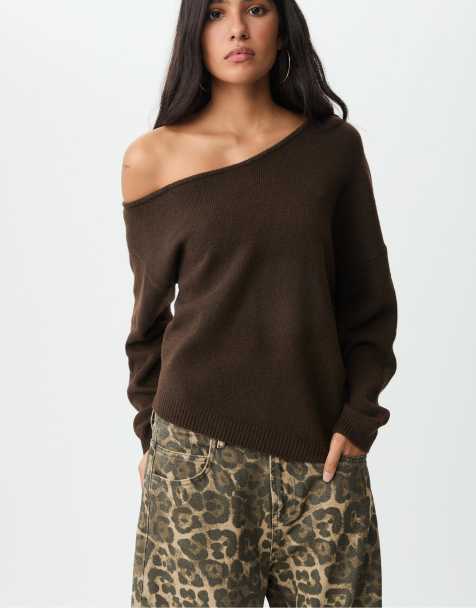 Stradivarius - Asymmetrische gebreide sweater in bruin - view 1