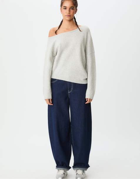 Stradivarius - Asymmetrische gebreide sweater in gemêleerd grijs - view 1