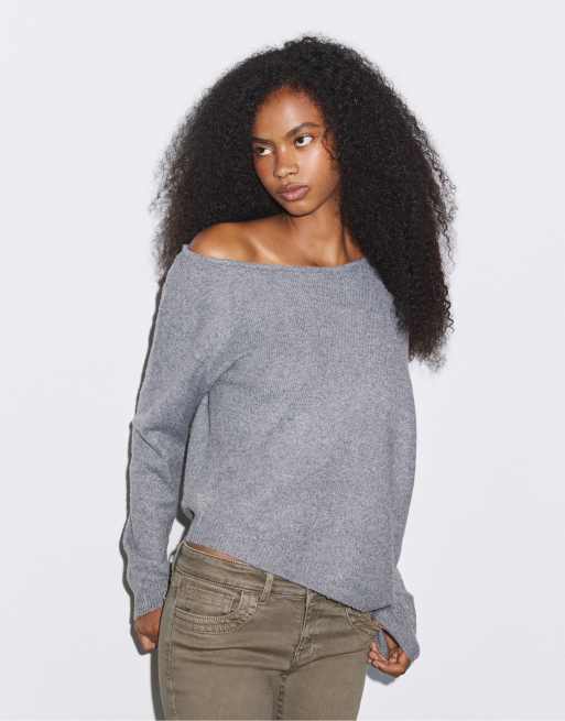 Stradivarius asymmetrische gebreide sweater in grijs, 2 van 7