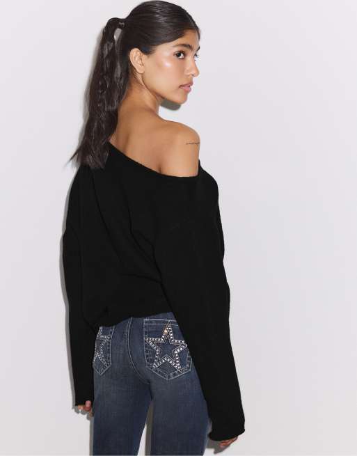 Stradivarius - Asymmetrische gebreide sweater in zwart, 3 van 7