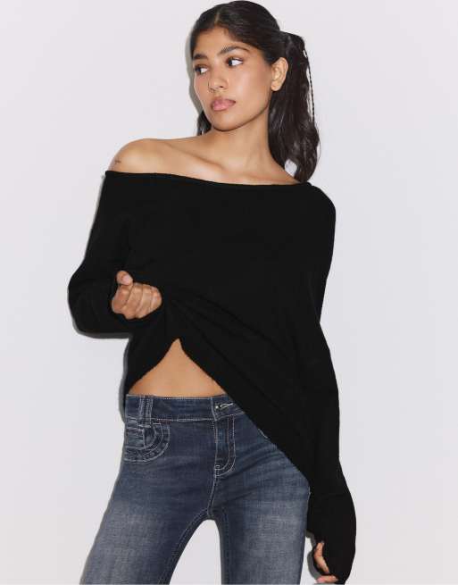 Stradivarius - Asymmetrische gebreide sweater in zwart, 5 van 7