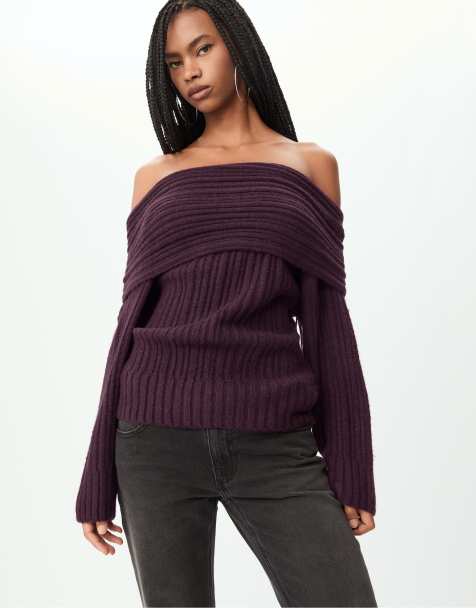 Stradivarius - Asymmetrische gebreide sweater met blote schouders in bordeauxrood - view 1
