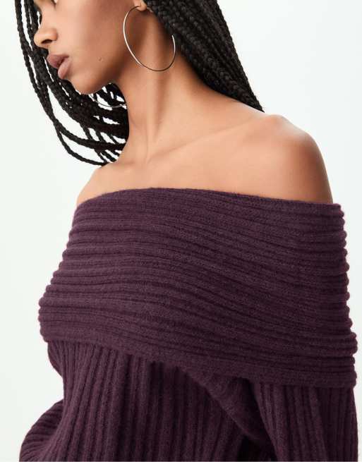 Stradivarius - Asymmetrische gebreide sweater met blote schouders in bordeauxrood, 4 van 4