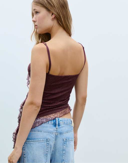 Stradivarius - Asymmetrische top van kant met ruches in paars, 3 van 4