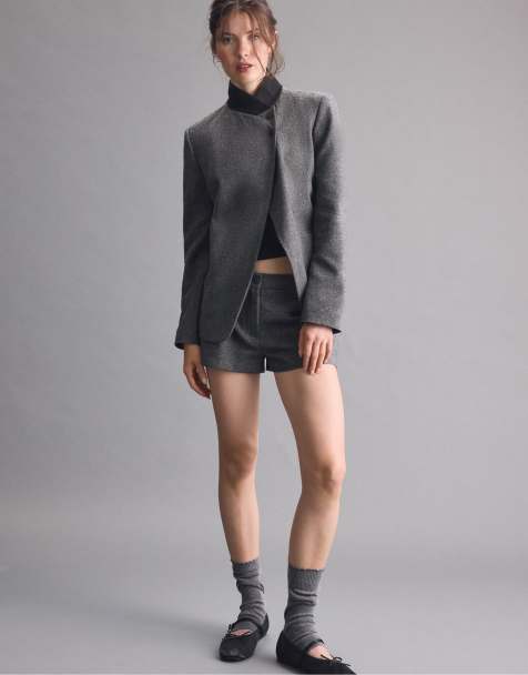 Stradivarius asymmetrische wollen blazer in donkergrijs - view 1