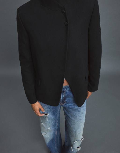 Stradivarius asymmetrischer Blazer aus Wollmix in Schwarz, 4 von 7